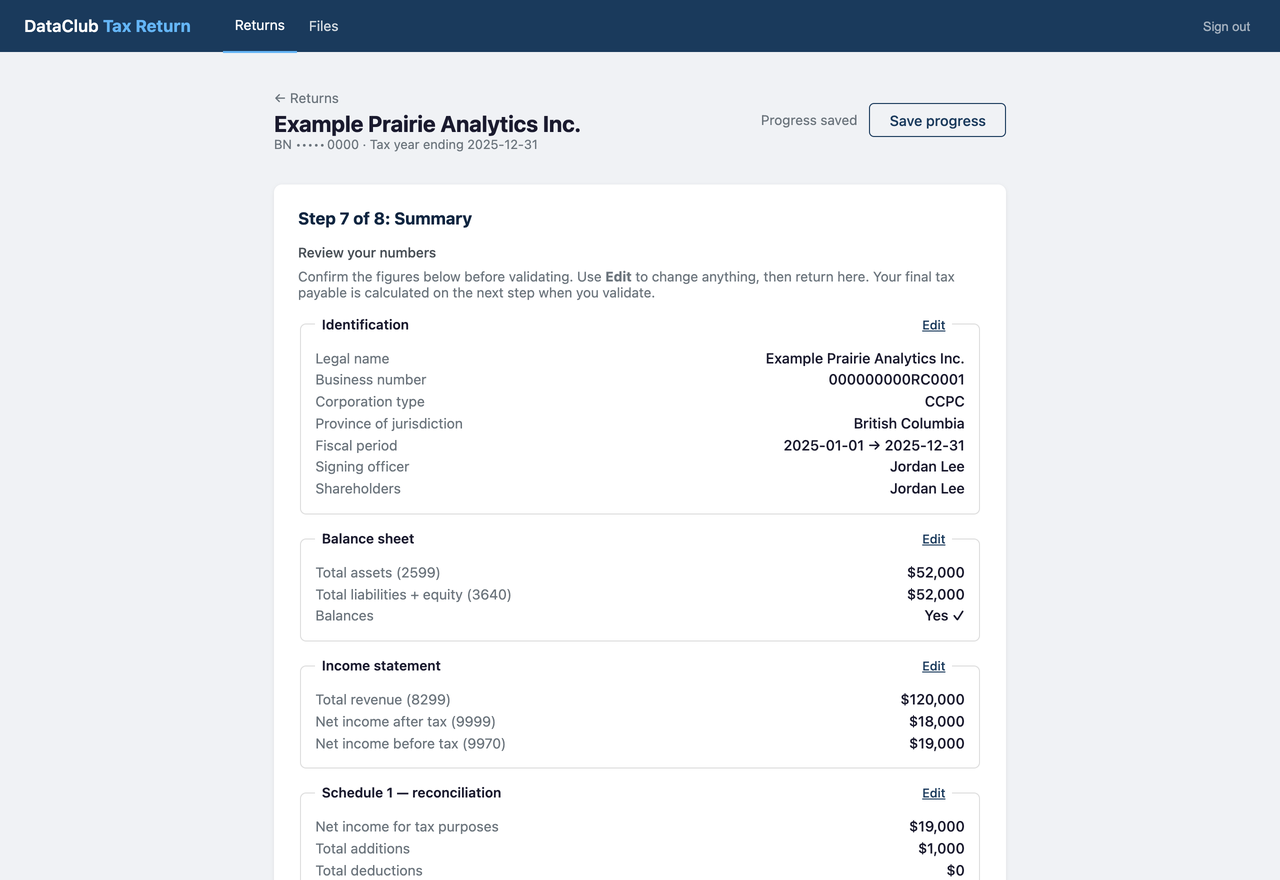 DataClub Tax review step showing a corporation's identification, balance sheet and income statement summary before validation